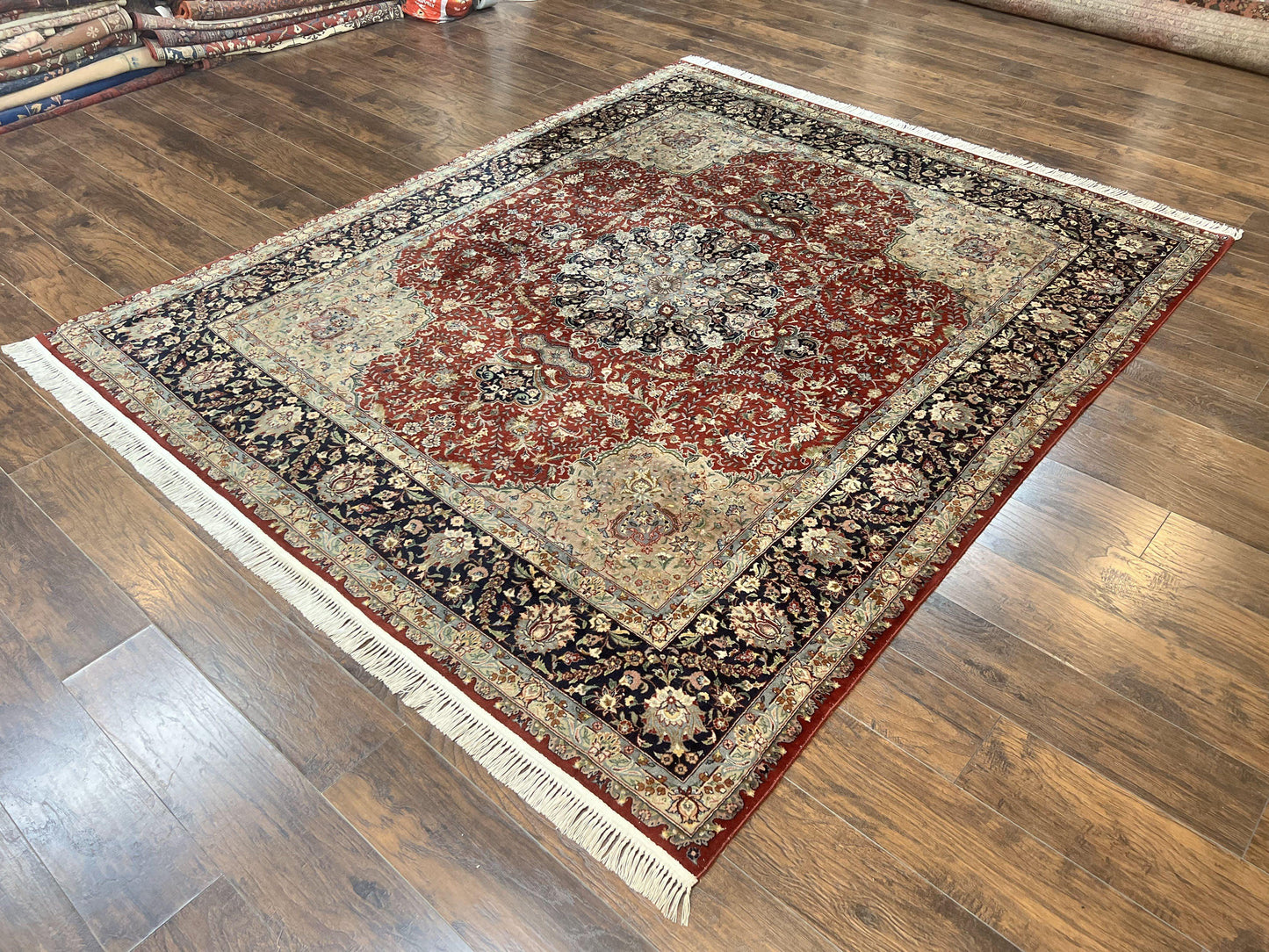 Pak Persian Rug 8x10, Wool Hand Knotted Vintage Carpet, Dark Red & Navy Blue, Dome Design Floral Medallion Rug, 8 x 10 Oriental Rug