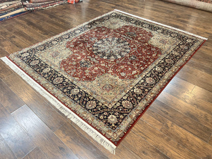 Pak Persian Rug 8x10, Wool Hand Knotted Vintage Carpet, Dark Red & Navy Blue, Dome Design Floral Medallion Rug, 8 x 10 Oriental Rug