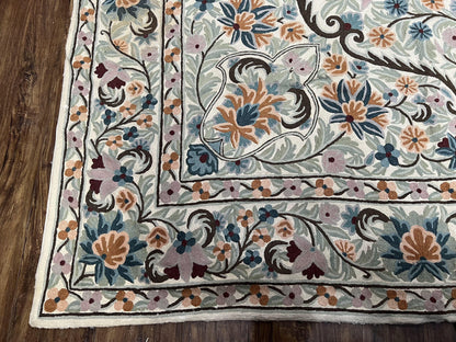 Chain Stitched Rug 9x12 Vintage Carpet 9 x 12 Flatweave Rug, Ivory Teal Rug, Area Rug 9 by 12, Hand Stitched Rug, Medallion, Indian Rug