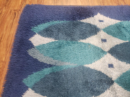 Blue Rya Rug, 1960s Mid-Century Danish Shag Rug 4'6" x 6'7", Ege Rya Modern Carpet, Cyan DeLuxe Rya Shag Rug, Vintage Area Rug 4x6, 5x7 Rug