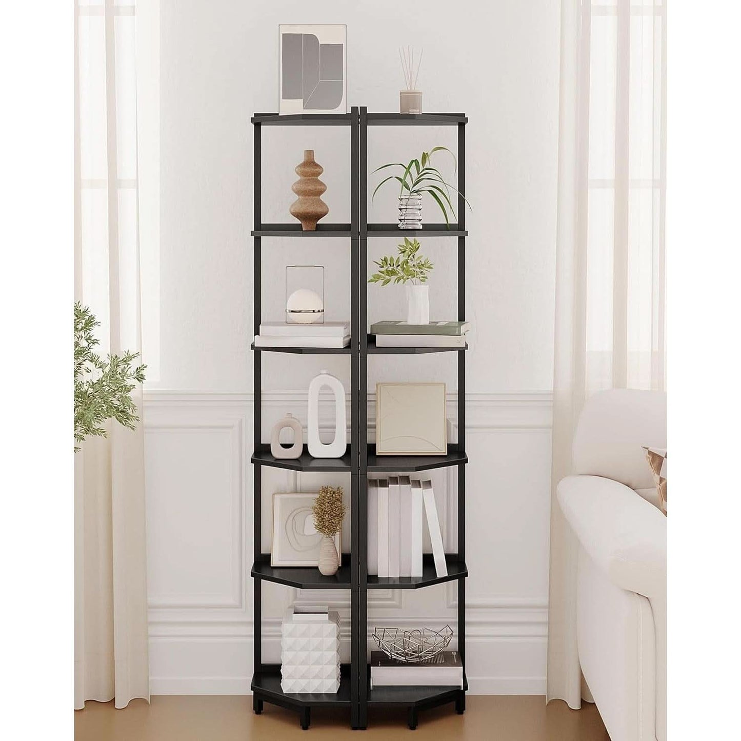 6 Tier Black Corner Shelf Stand Bookshelf For Living Room