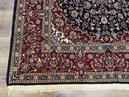 Dark Blue Persian Rug 5x8, Kork Wool Semi Antique Kashan Carpet, Very Fine Lachak Toranj Rug, Hand Knotted Floral Medallion Rug, 5 x 8 Oriental Rug