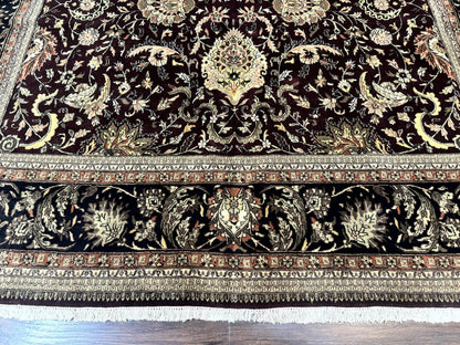Indo Persian Rug 10x14, Floral Allover, Handmade Vintage Wool Rug, Dark Maroon/Plum and Black