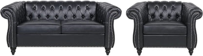 2 Piece Living Room Sofa Set Black Faux Leather Club Chair And Chesterfield Loveseat