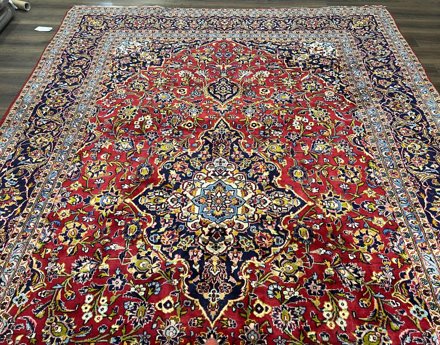 Persian Kashan Rug 9x12, Red Navy Blue, Allover Floral Medallion & Corner Design, Handmade Wool Oriental Carpet, Semi Antique Traditional Carpet