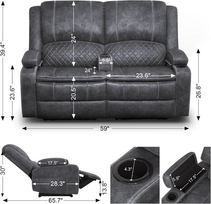 Gray Velvet Manual Recliner Loveseat With USB Ports