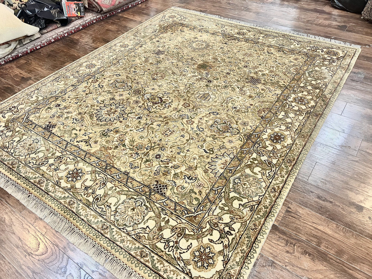 Indo Mahal Rug 8x10, Indian Jaipur Rug 8 x 10 ft, Wool Indo Persian Carpet, Handmade Traditional Floral Area Rug, Olive Green, Vintage Rug