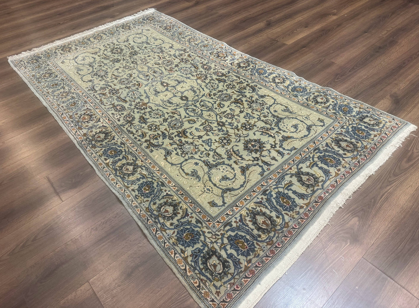 Persian Kashan Rug, Unique Colors, 225 KPSI, Light Green and Light Blue
