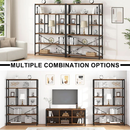 Rustic Industrial 6 Tier Bookcase Brown Wood Black Metal