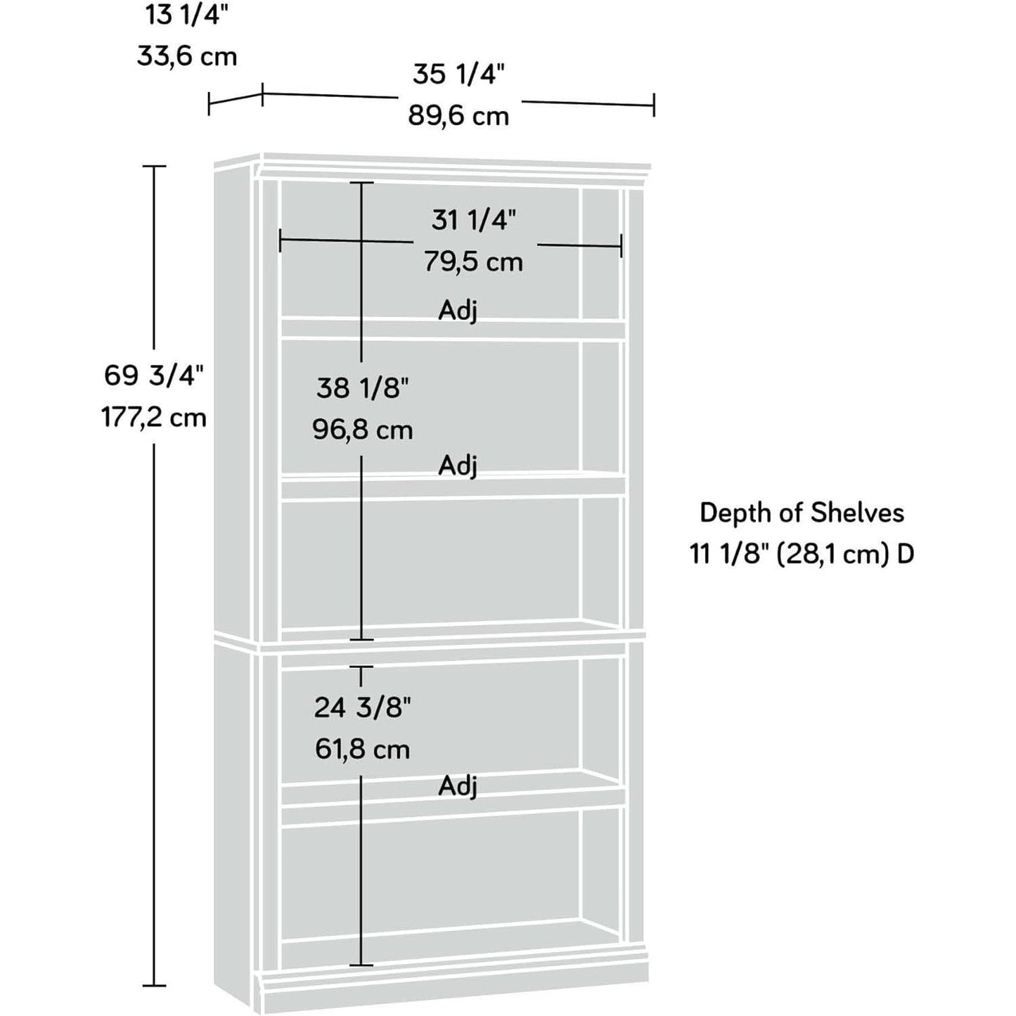 Five Shelf Bookcase In Select Cherry Finish With Adjustable Shelves