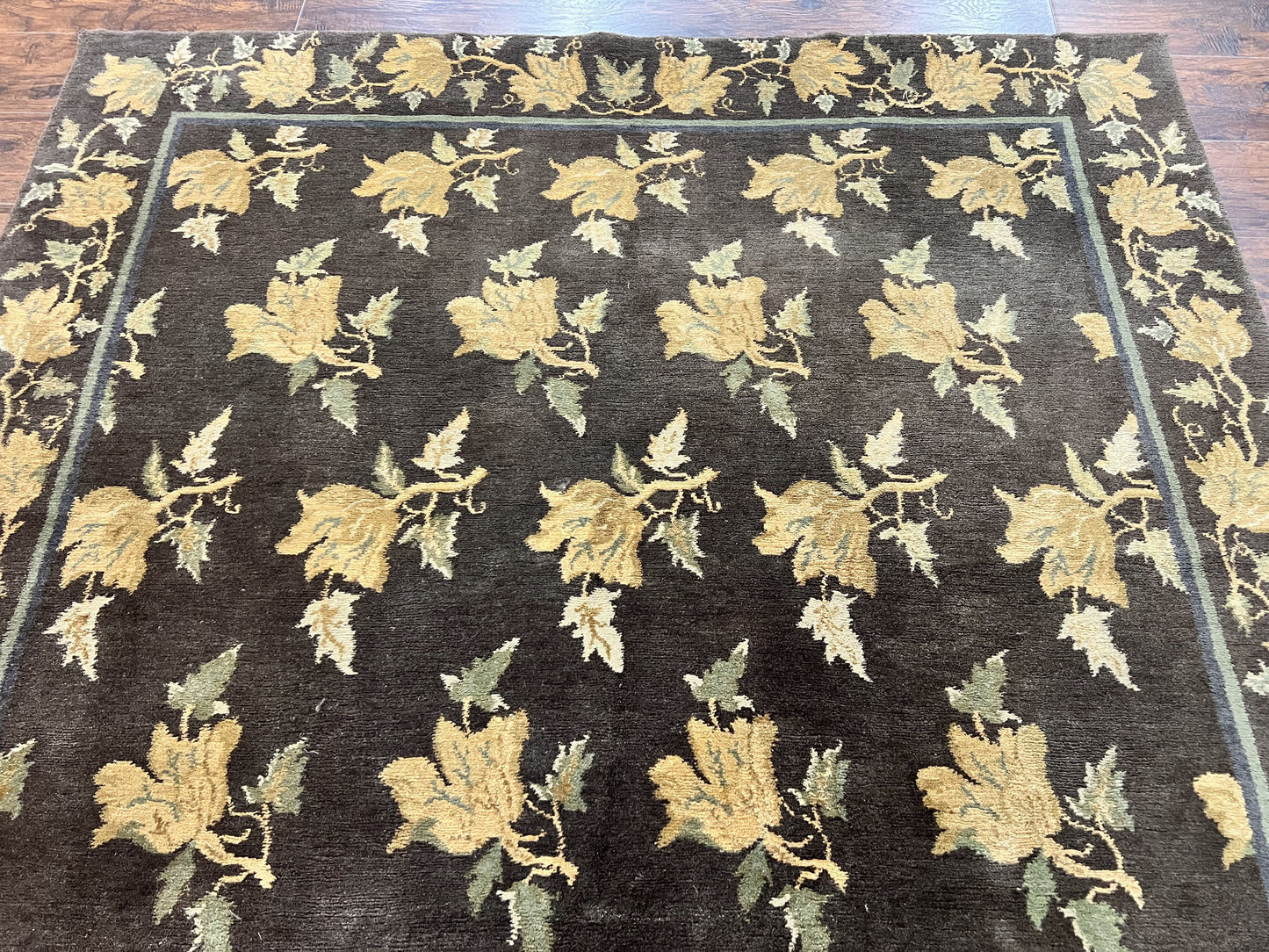 Tibetan Nepal Rug 6x9, Wool Hand Knotted Vintage Carpet 6 x 9, Dark Green & Golden Yellow, Floral Bouquets