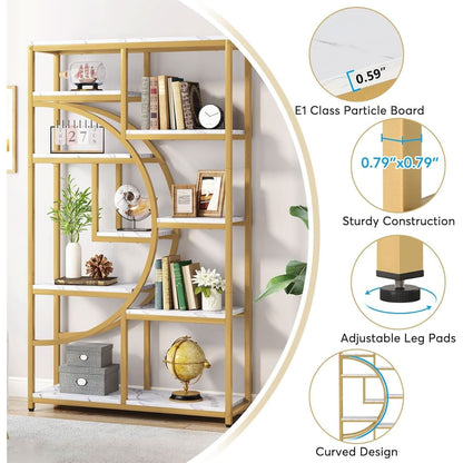 Industrial 5 Tier Etagere Bookcase Gold Frame Shelves
