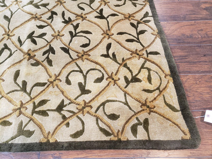 Vintage Tibetan Nepalese Area Rug 9x12, Wool Hand-Knotted, Beige Nepali Soft Pile Carpet, 9 x 12 Living Room Modern Dining Room Rug