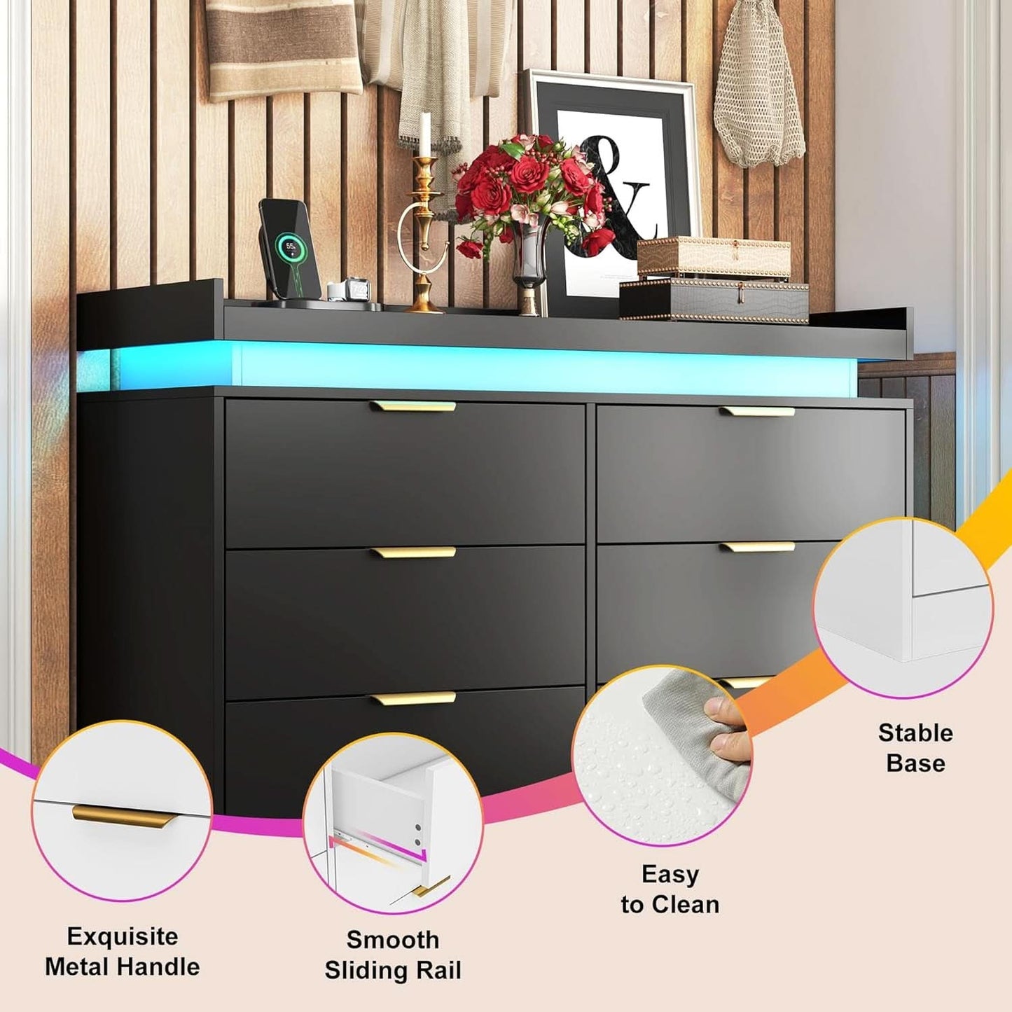 Six Drawer Dresser With LED Illumination Enhancement