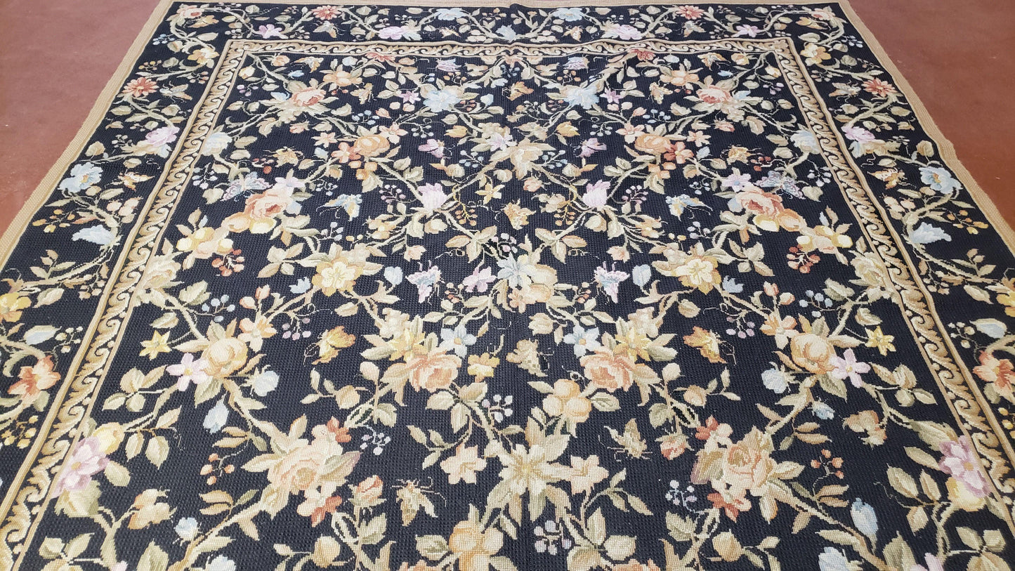 6x9 Vintage Needlepoint Rug Petitepoint Carpet Butterflies Floral Design Dark Brown & Tan 6 x 9 Handmade Flatweave Area Rug