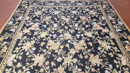 6x9 Vintage Needlepoint Rug Petitepoint Carpet Butterflies Floral Design Dark Brown & Tan 6 x 9 Handmade Flatweave Area Rug