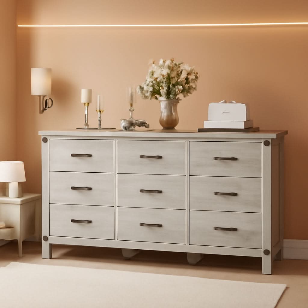 59 Inch Washed Grey Modern Farmhouse DresserWithNineDrawers