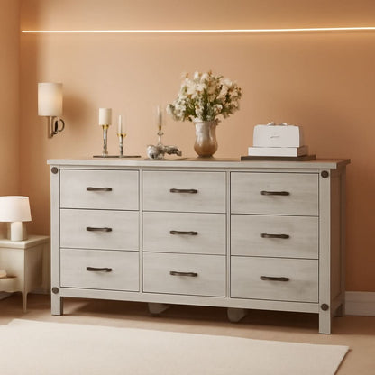 59 Inch Washed Grey Modern Farmhouse DresserWithNineDrawers