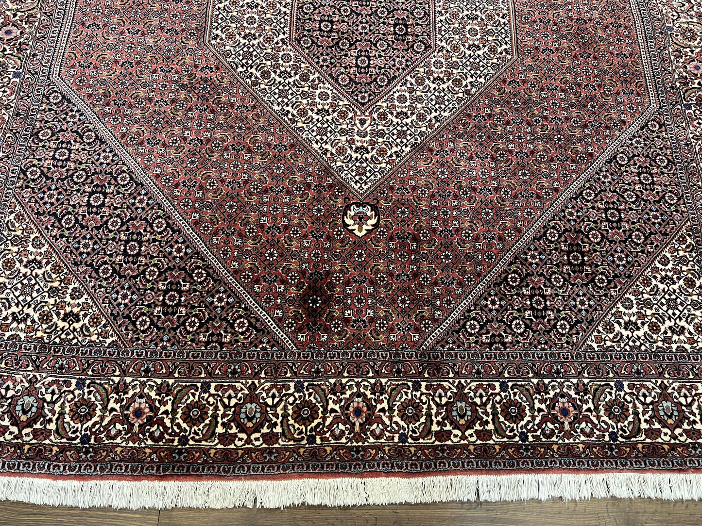 Wonderful Persian Bidjar Rug 7x8 ft, Almost Square Oriental Carpet, Herati Mahi, Highly Detailed, Ivory Red Navy Blue, Very Fine Handmade Bijar Rug