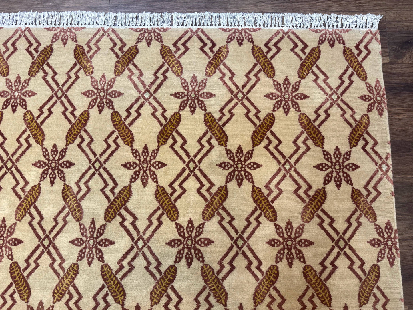 Tibetan Rug 8x10, Wool with Silk Highlights, Beige and Maroon, Contemporary Carpet