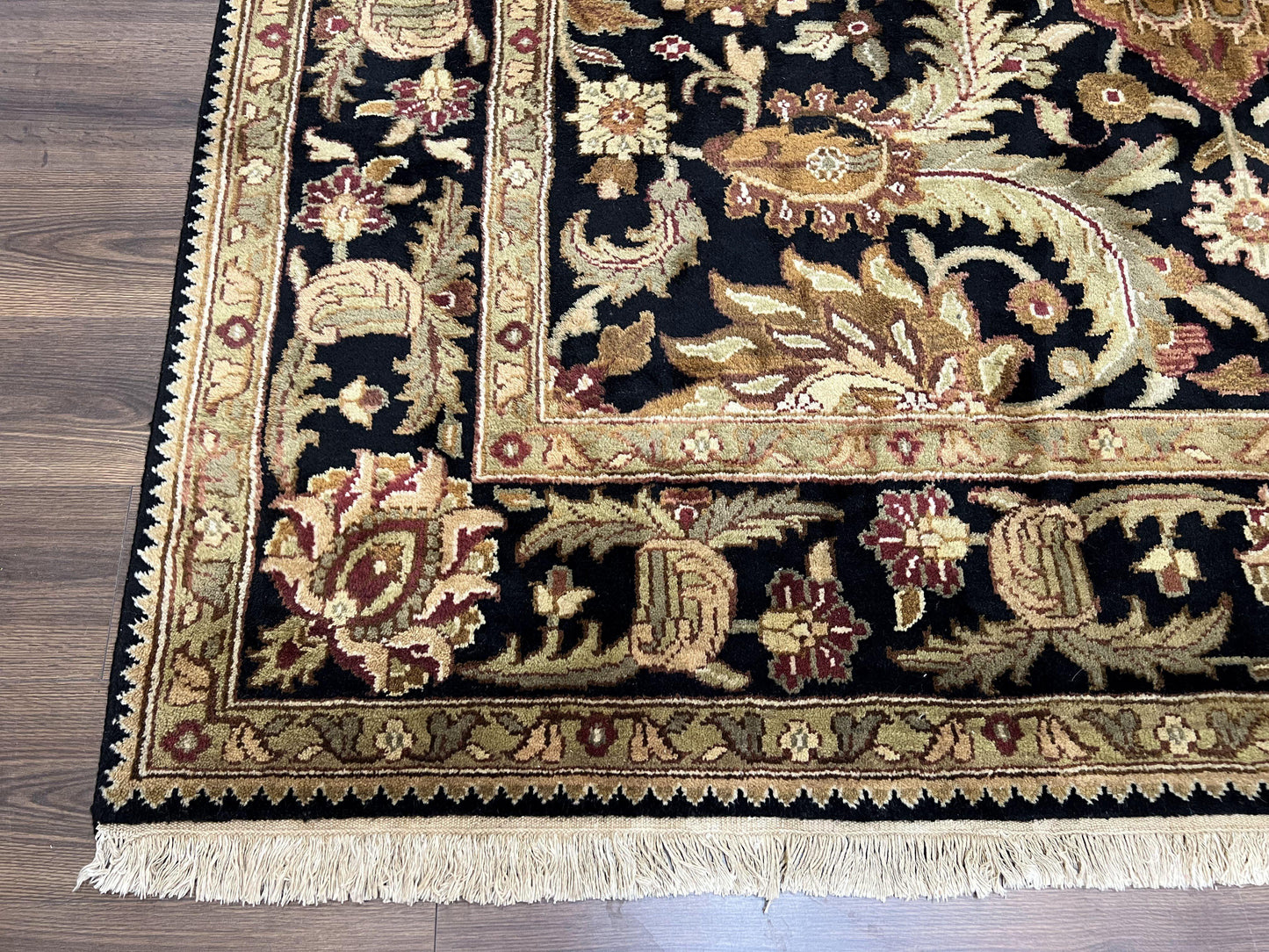Indo Mahal Sultanabad Rug 8x11, Vintage Indian Oriental Carpet, Wool Handmade Floral Rug 8 x 11 ft, Black Beige Tan, Large Flowers Allover