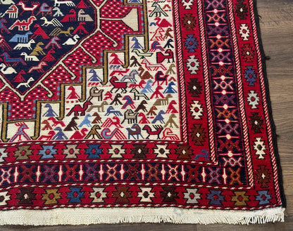Persian Soumak Kilim Rug 4x6, Triple Medallions Tribal Pictorials, Caucasian Azerbaijani Kilim