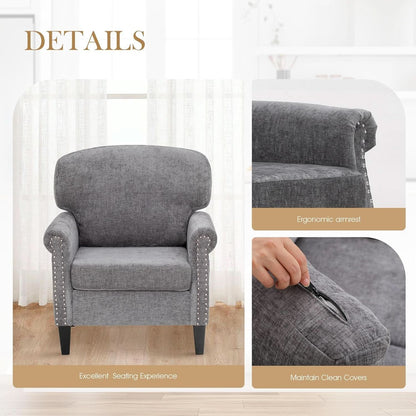 3 Piece Living Room Furniture Set Grey Linen Fabric Loveseat And Two Accent Chairs