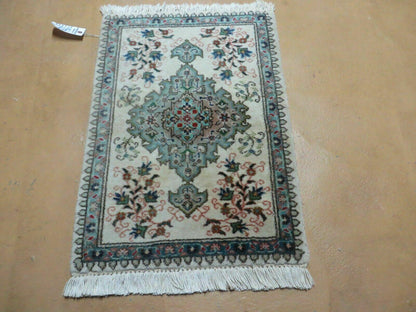 1' 9" X 2' 5" Handmade Indian Wool Rug Lahore Floral Design Small Oriental Rug Beige & Teal