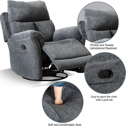 Swivel Rocker Recliner Chair Gray Fabric For Small Spaces