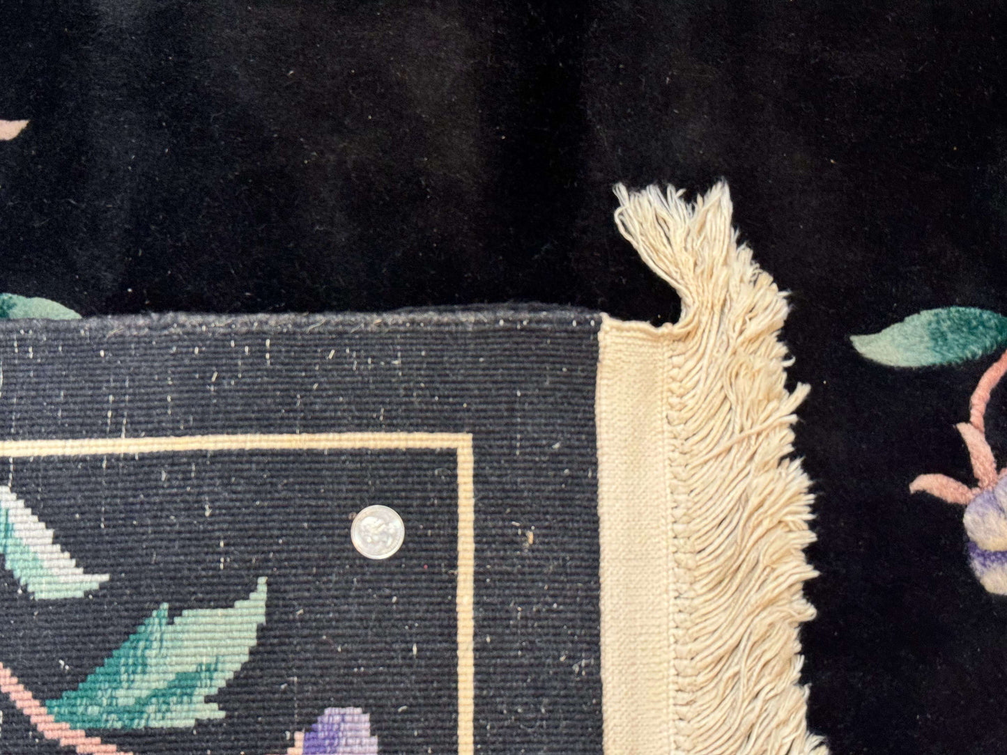 Chinese Wool Rug 6x9, Black, Floral, Minimal Design, 90 Line Carpet, Vintage Art Deco Rug