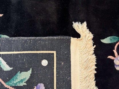 Chinese Wool Rug 6x9, Black, Floral, Minimal Design, 90 Line Carpet, Vintage Art Deco Rug
