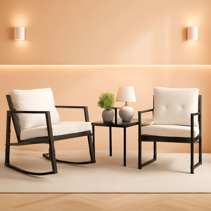 Beige 3 Piece Rocking Wicker Bistro Set With Glass Coffee Table For Patio Outdoor Furniture