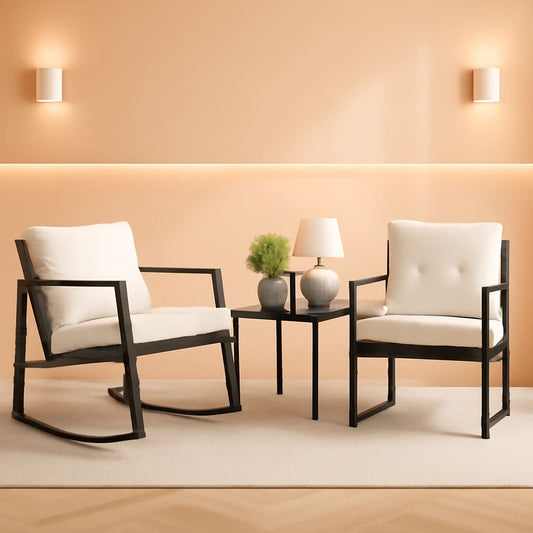 Beige 3 Piece Rocking Wicker Bistro Set With Glass Coffee Table For Patio Outdoor Furniture