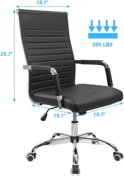 Ribbed Mid Back PU Leather Desk Chair Adjustable Black