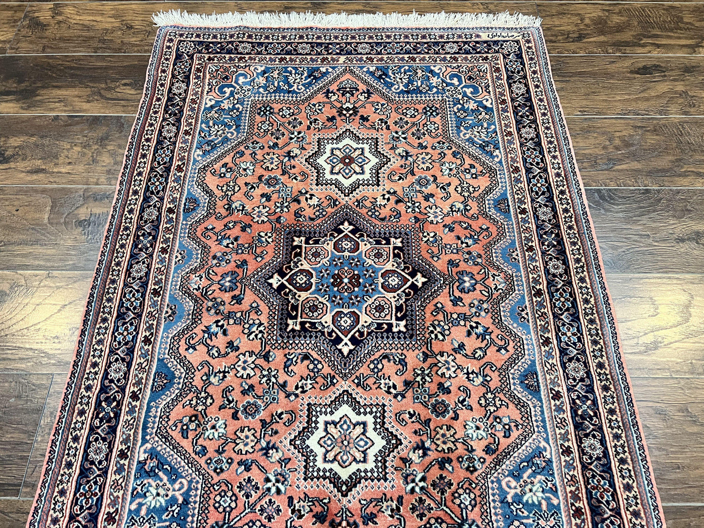 Persian Shiraz Rug 3x5, Geometric Tribal Rug, Wool Hand Knotted Vintage Carpet, Light Red & Blue, Signed by Masterweaver