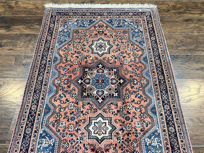 Persian Shiraz Rug 3x5, Geometric Tribal Rug, Wool Hand Knotted Vintage Carpet, Light Red & Blue, Signed by Masterweaver