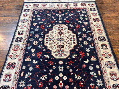 Belgium Power Loomed Rug 5.6 x 7, Navy Blue and Ivory, Heriz Pattern, Vintage Oriental Carpet