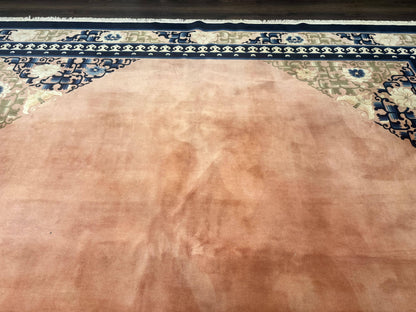 Chinese Wool Rug 11x18, Palace Sized Chinese Carpet, Peking Rug, Peach and Blue, Open Field, Simple Design, Art Deco Rug, Large Handmade Rug