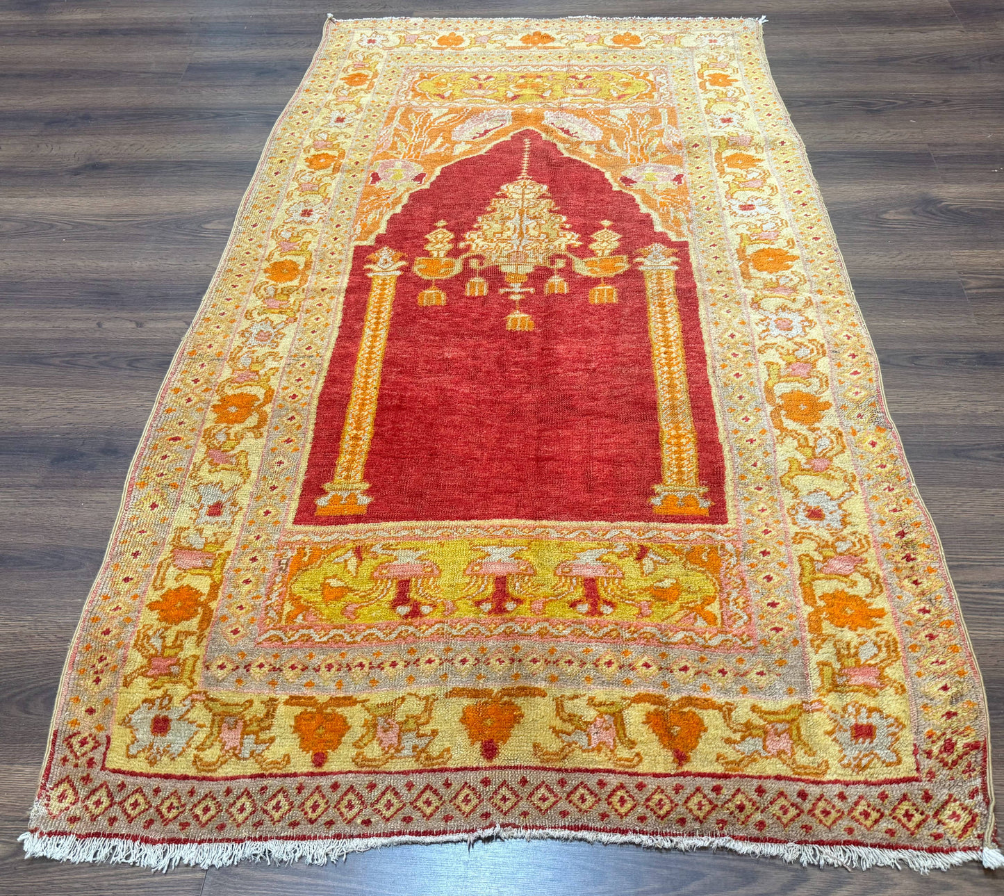 Antique Turkish Prayer Rug 4x6, Red and Golden Mustard, Mihrab Design, Anatolian Carpet
