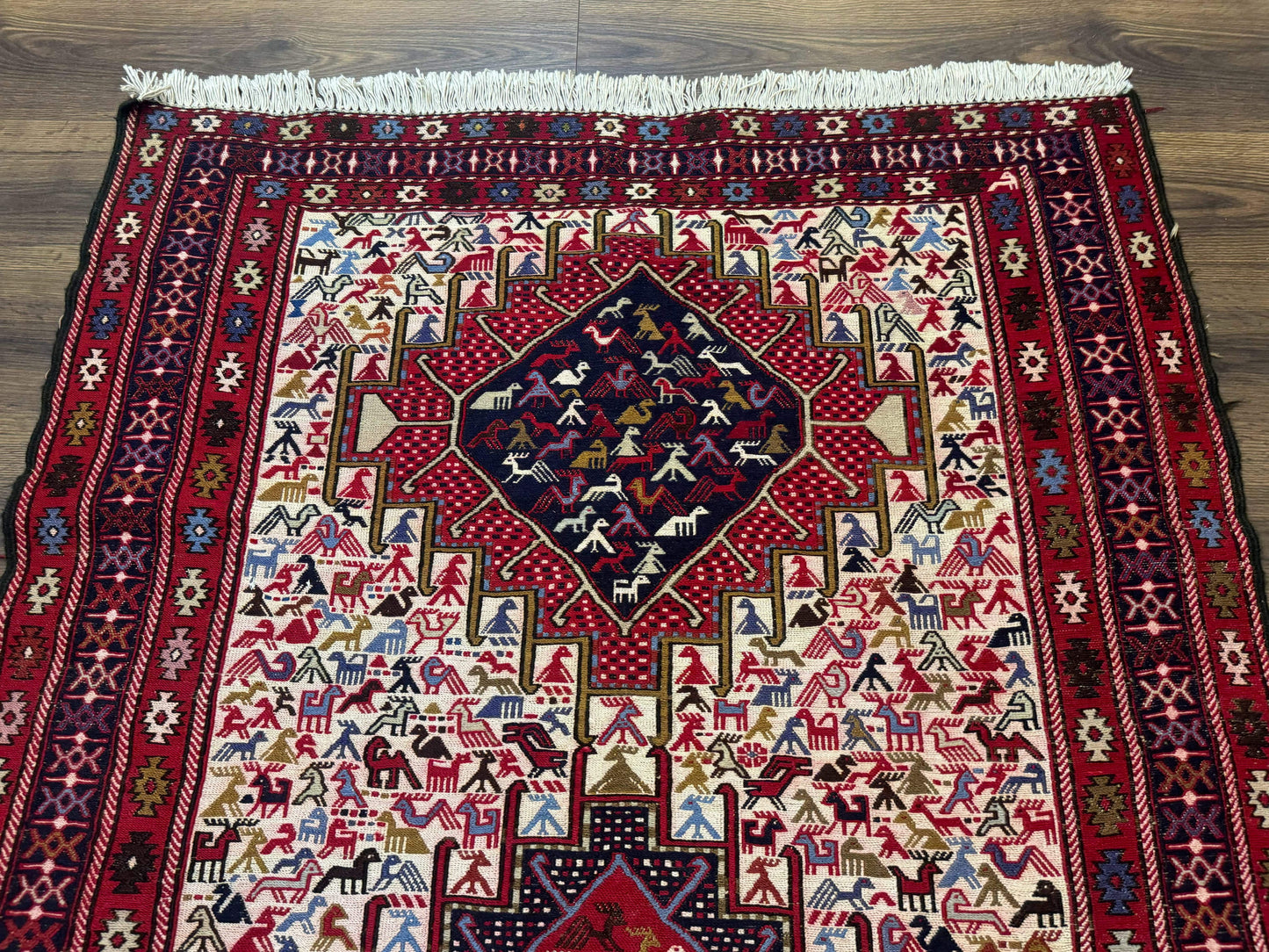 Persian Soumak Kilim Rug 4x6, Triple Medallions Tribal Pictorials, Caucasian Azerbaijani Kilim