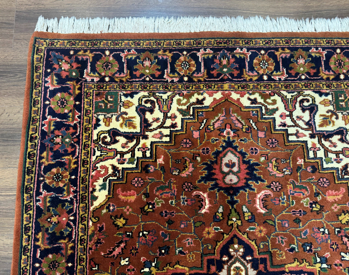 Indo Persian Heriz Rug 4x6, Rust Red Navy Blue and Cream