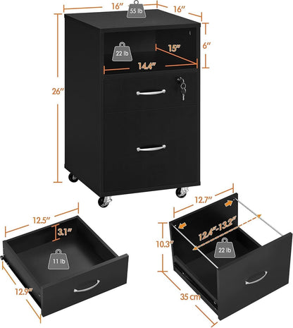 Black Under Desk File Cabinet 2 Drawers Lockable Wheels