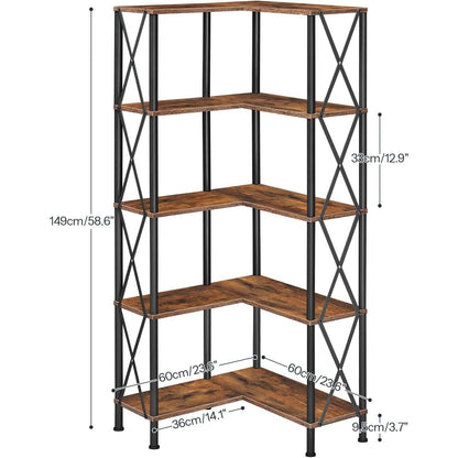 Corner Bookshelf 5-Tier L-Shaped Industrial Bookcase In Rustic Brown