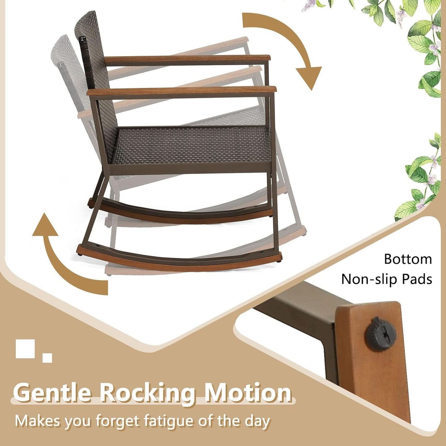 Three Piece Rocking Bistro Set With Cushions And Coffee Table For Outdoor Rattan Patio Off White
