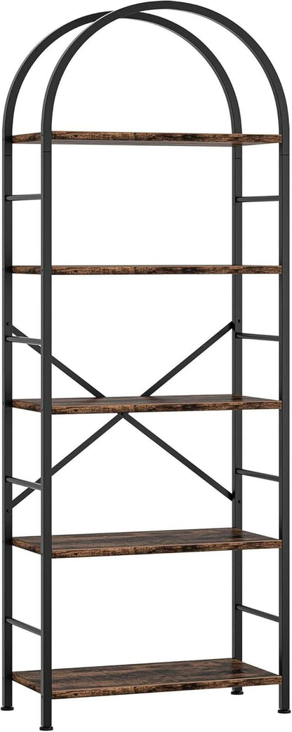Arched Five Tier Bookshelf Rustic Brown Storage Unit