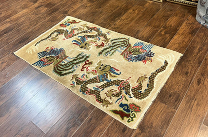 Antique Chinese Peking Rug 3 x 5.6, Dragon Motifs, Handmade Wool Asian Oriental Carpet