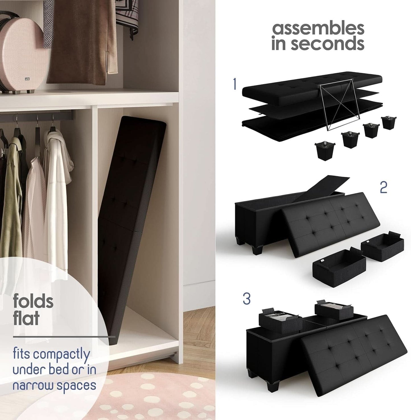 Black Forty ThreeInch Premium Multifunctional Storage Ottoman Bench