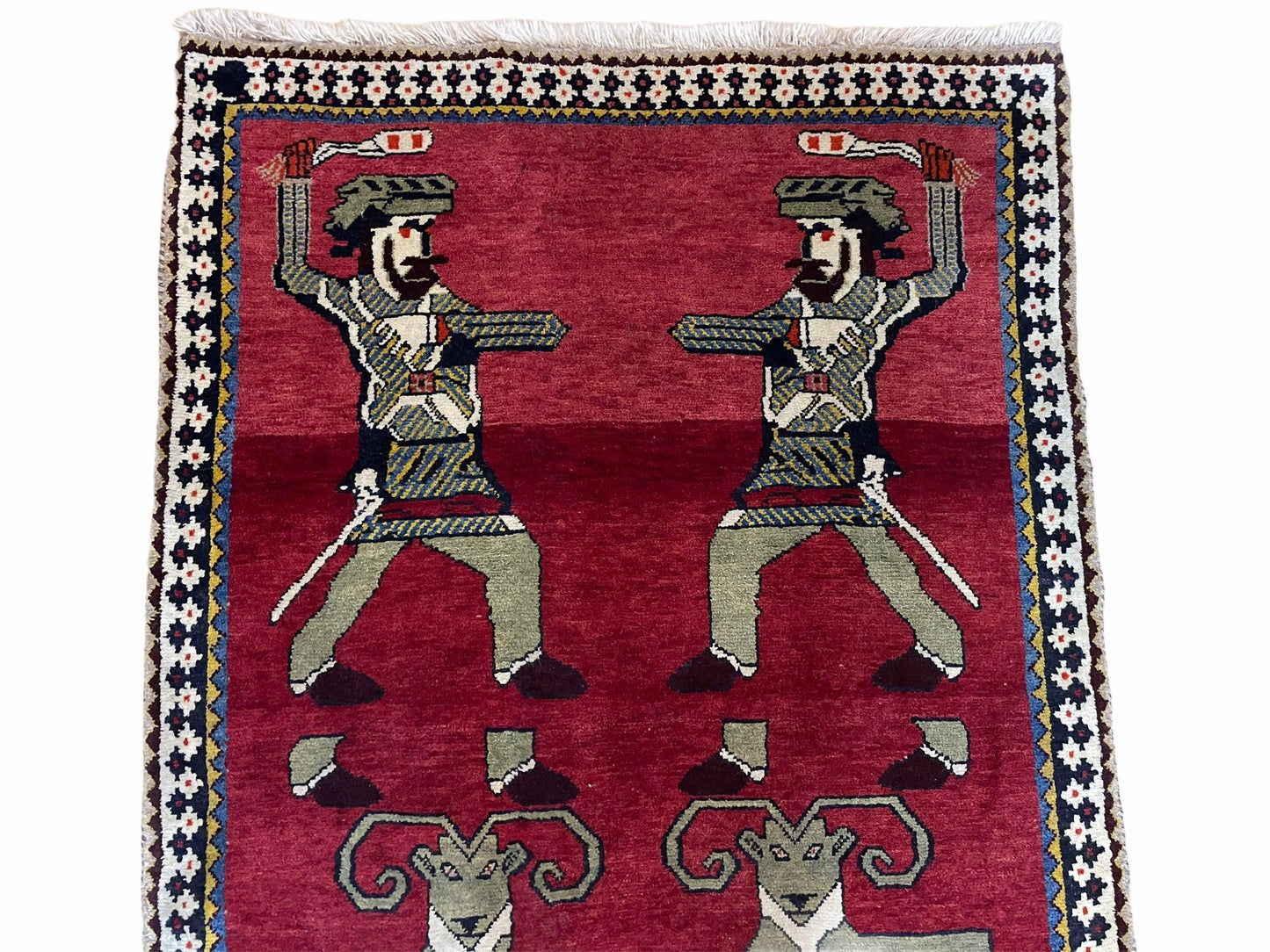 3 X 6 Handmade Wool Rug Tribal Balouch Warriors Deer Animal Pictorial Red Swords