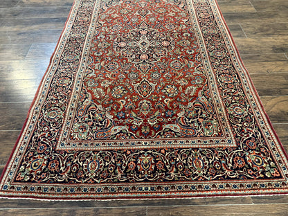 Persian Kashan Rug 4x7, Red and Navy Blue, Floral Antique Carpet