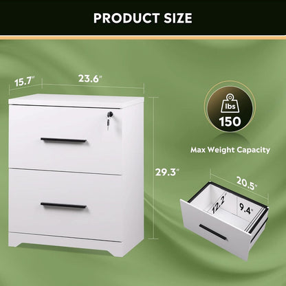 2 Drawer White Wood Lateral File Cabinet With Lock For Office Or Home Use Fits Any Desk